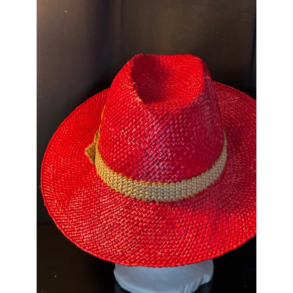 Red Straw Cowboy Hat‎ with Woven Band and Feather Accent Western Style Fedora